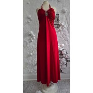 Spense Women Red Halter Maxi Dress Beaded Medallion Crystal Neckline Size 12